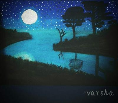 night landscape environment harvest moon over a glittering lake lush  vegetation birchwood trees, flowers, magical galaxy. 3d drawing digital  art, generate ai 24388166 Stock Photo at Vecteezy